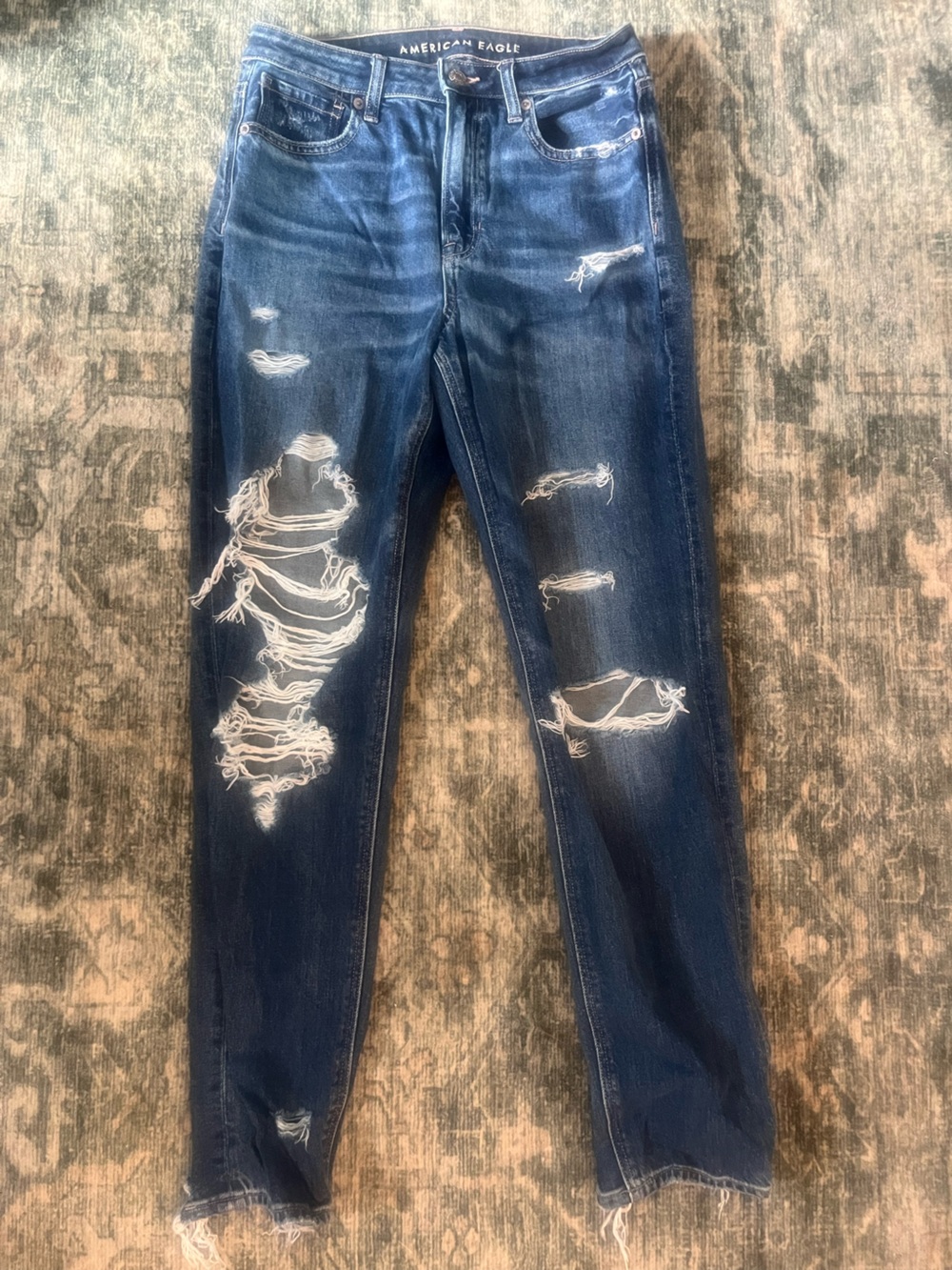 American Eagle Outfitters Men's Dark Blue Ripped Skinny Jeans
